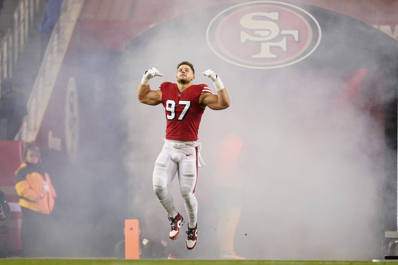 Dec 25, 2023; Santa Clara, California, USA; San Francisco 49ers defensive end Nick Bosa (97) is introduced before the start of the game against the Baltimore Ravens at Levi's Stadium. Mandatory Credit: Cary Edmondson-USA TODAY Sports
