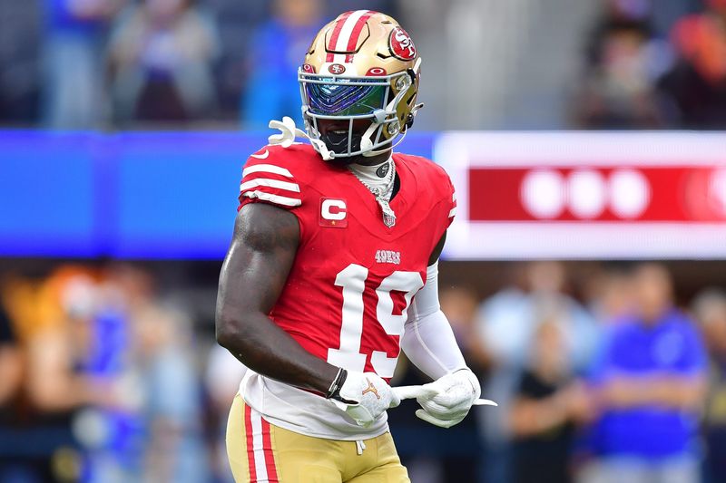 Sep 17, 2023; Inglewood, California, USA; San Francisco 49ers wide receiver Deebo Samuel (19) before playing against the Los Angeles Rams at SoFi Stadium. Mandatory Credit: Gary A. Vasquez-USA TODAY Sports