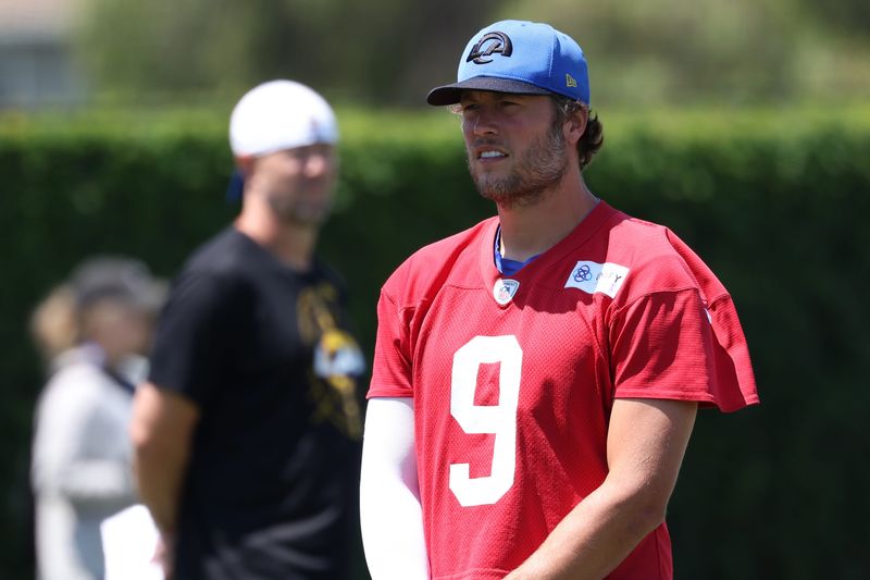 Jul 31, 2024; Los Angeles, CA, USA; Los Angeles Rams quarterback Matthew Stafford (9) looks on during training camp at Loyola Marymount University. Mandatory Credit: Kiyoshi Mio-USA TODAY Sports
