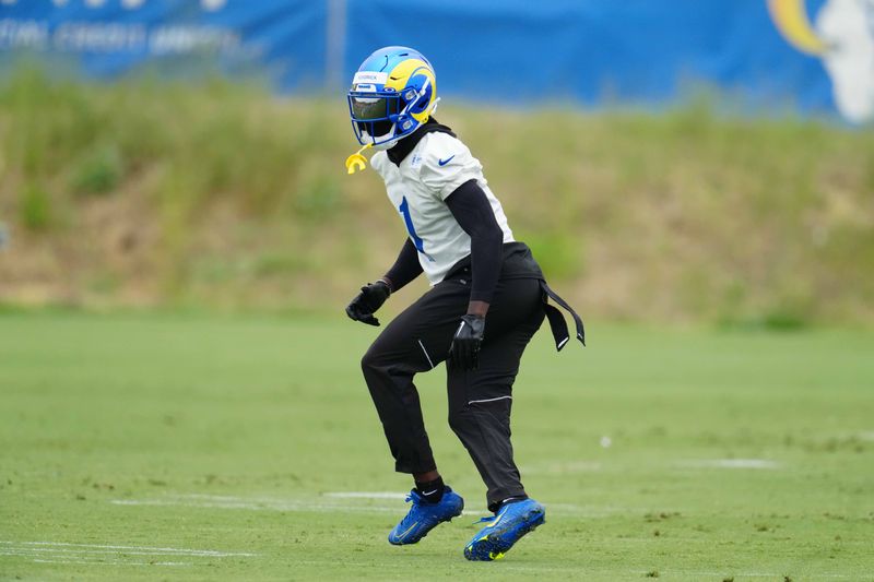 May 23, 2023, Thousand Oaks, CA, USA; Los Angeles Rams cornerback Derion Kendrick (1) during organized team activities at Cal Lutheran. Mandatory Credit: Kirby Lee-USA TODAY Sports