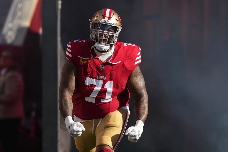 Sep 9, 2024; Santa Clara, California, USA; San Francisco 49ers offensive tackle Trent Williams (71) is introduced before the game against the New York Jets at Levi's Stadium. Mandatory Credit: Darren Yamashita-Imagn Images