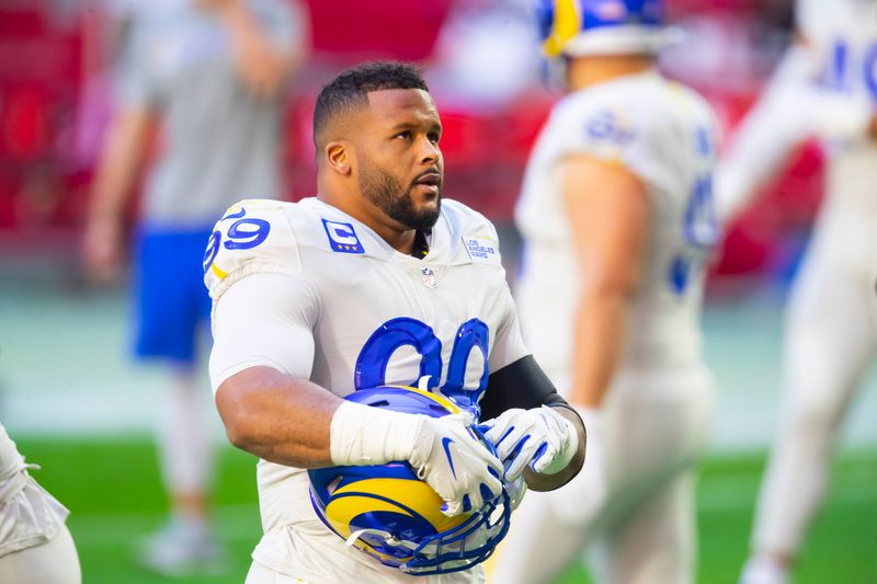 Dec 6, 2020; Glendale, Arizona, USA; Los Angeles Rams defensive tackle Aaron Donald (99) prior to the game against the Arizona Cardinals at State Farm Stadium. Mandatory Credit: Mark J. Rebilas-USA TODAY Sports