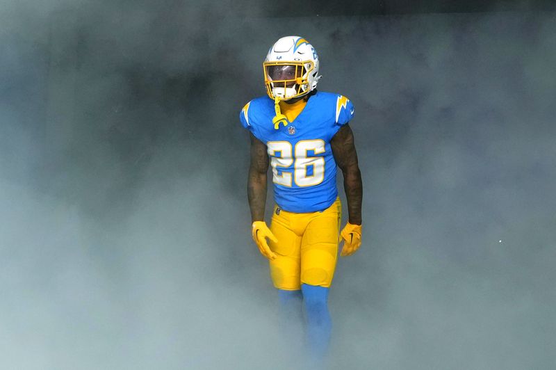 Dec 23, 2023; Inglewood, California, USA; Los Angeles Chargers cornerback Asante Samuel Jr. (26) enters the field before the game against the Buffalo Bills at SoFi Stadium. Mandatory Credit: Kirby Lee-USA TODAY Sports