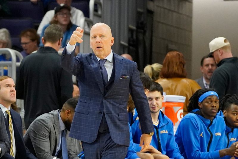 Mar 3, 2025; Evanston, Illinois, USA; UCLA Bruins head coach Mick Cronin gestures to his team against the Northwestern Wildcats during the first half at Welsh-Ryan Arena. Mandatory Credit: David Banks-Imagn Images