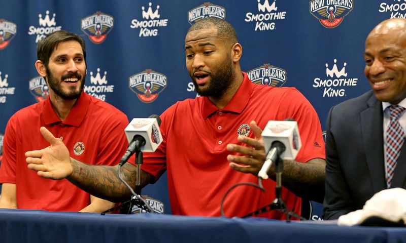 Feb 22, 2017; Metairie, LA, USA; Omri Casspi and DeMarcus Cousins were introduced by the New Orleans Pelicans at a press conference at the New Orleans Pelicans Practice Facility. General manager Dell Demps is at right. They came to the Pelicans in a trade from the Sacramento Kings. Mandatory Credit: Chuck Cook-USA TODAY Sports