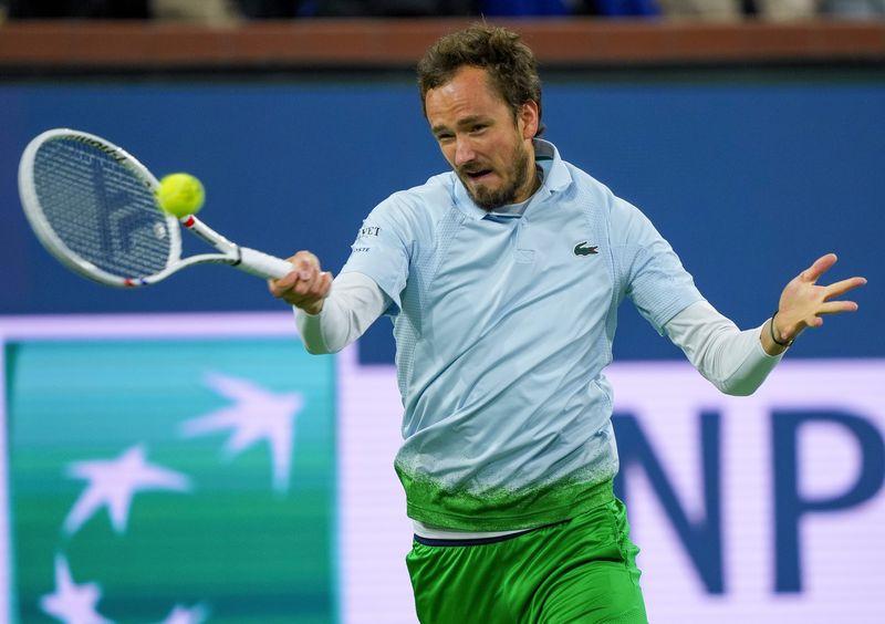 Daniil Medvedev hits a shot in his win over Tommy Paul during Round 4 of the BNP Paribas Open in Indian Wells, Calif., March 11, 2025.