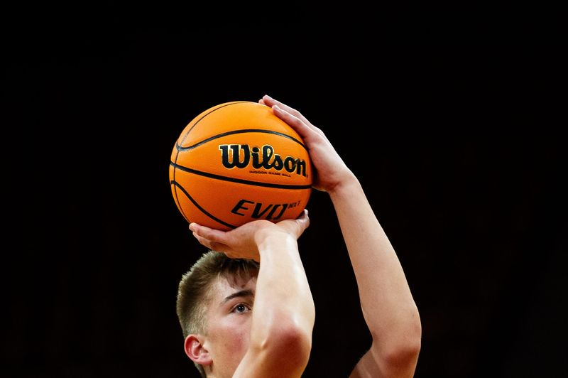 Timnath's Luke Jacobson lines up a free throw during a Colorado high school basketball Class 5A Great 8 game against Coal Ridge on Wednesday, March 12, 2025 at the Denver Coliseum in Denver, Colo.
