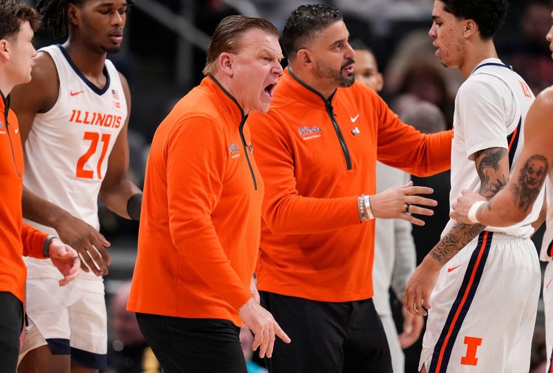 Illinois Fighting Illini head coach Brad Underwood yells to players on the court Thursday, March 13, 2025, during the second round of the men's Big Ten tournament at Gainbridge Fieldhouse in Indianapolis. The Illinois Fighting Illini defeated the Iowa Hawkeyes, 106-94.