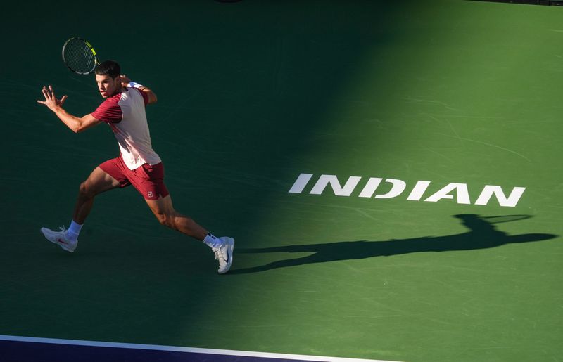 Carlos Alcaraz runs for a shot during his semifinal match against Jack Draper at the BNP Paribas Open in Indian Wells, Calif., March 15, 2025.