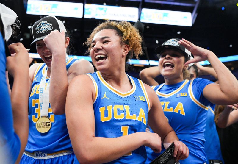 UCLA Bruins guard Kiki Rice (1) and UCLA Bruins forward Angela Dugalic (32) react after winning the Big Ten Conference Championship.