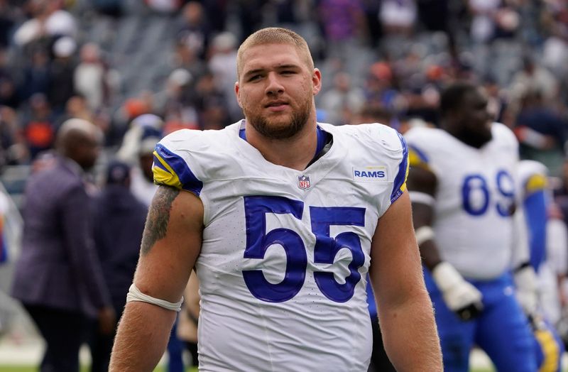 Sep 29, 2024; Chicago, Illinois, USA; Los Angeles Rams defensive tackle Braden Fiske (55) in a game against the Chicago Bears at Soldier Field. Mandatory Credit: David Banks-Imagn Images