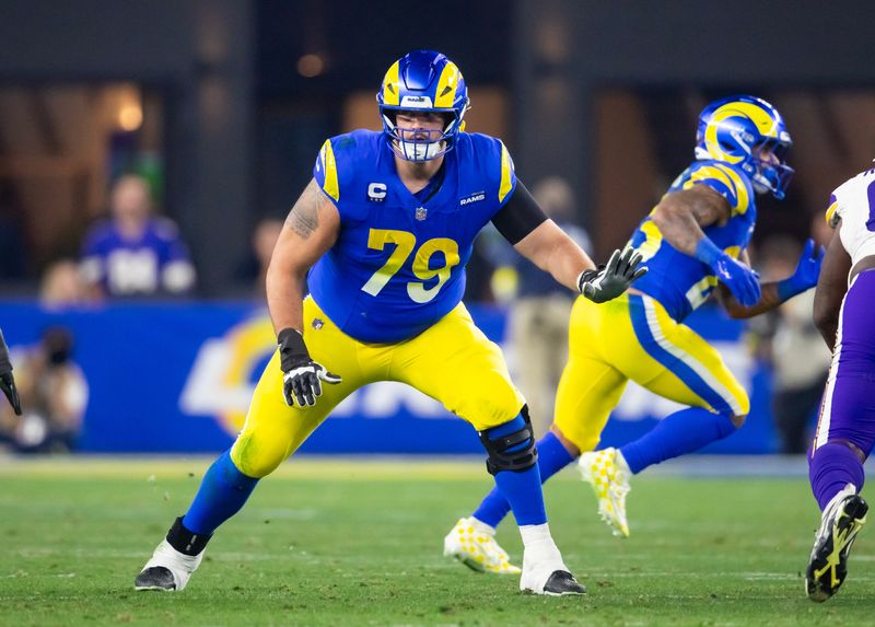 Jan 13, 2025; Glendale, AZ, USA; Los Angeles Rams offensive tackle Rob Havenstein (79) against the Minnesota Vikings during an NFC wild card game at State Farm Stadium. Mandatory Credit: Mark J. Rebilas-Imagn Images