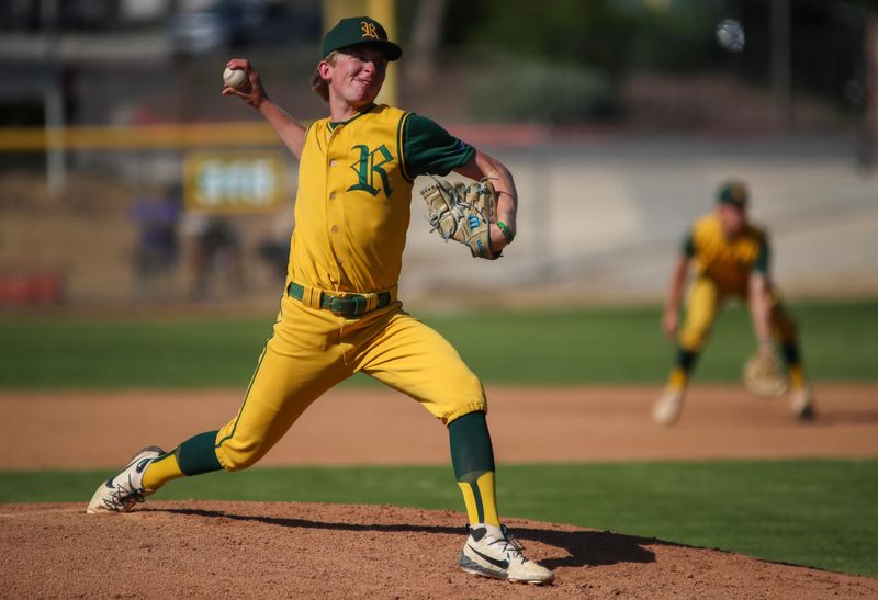 Royal High pitcher Dustin Dunwoody gets to ready to fire a pitch during a 5-3 win over Moorpark on Wednesday, April 9, 2025, at Moorpark High. The victory was the 600th for Royal head coach Daniel Maye.