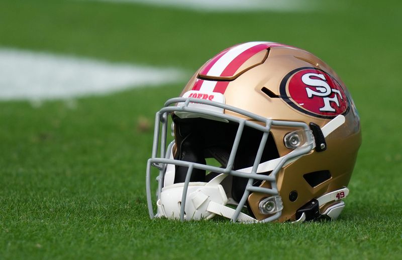 Nov 21, 2021; Jacksonville, Florida, USA; A general view of a San Francisco 49ers helmet on the field prior to the game between the Jacksonville Jaguars and the San Francisco 49ers at TIAA Bank Field. Mandatory Credit: Jasen Vinlove-USA TODAY Sports