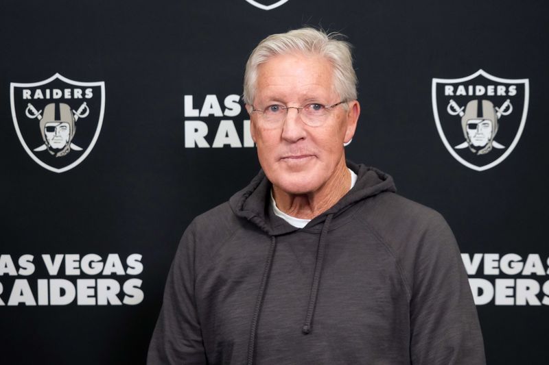 Feb 25, 2025; Indianapolis, IN, USA; Las Vegas Raiders coach Pete Carroll on radio row during the NFL Scouting Combine at the Indiana Convention Center. Mandatory Credit: Kirby Lee-Imagn Images