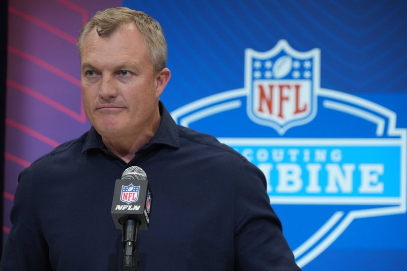 Feb 27, 2025; Indianapolis, IN, USA; San Francisco 49ers general manager John Lynch speaks during the 2025 NFL Scouting Combine at the Indiana Convention Center. Mandatory Credit: Kirby Lee-Imagn Images