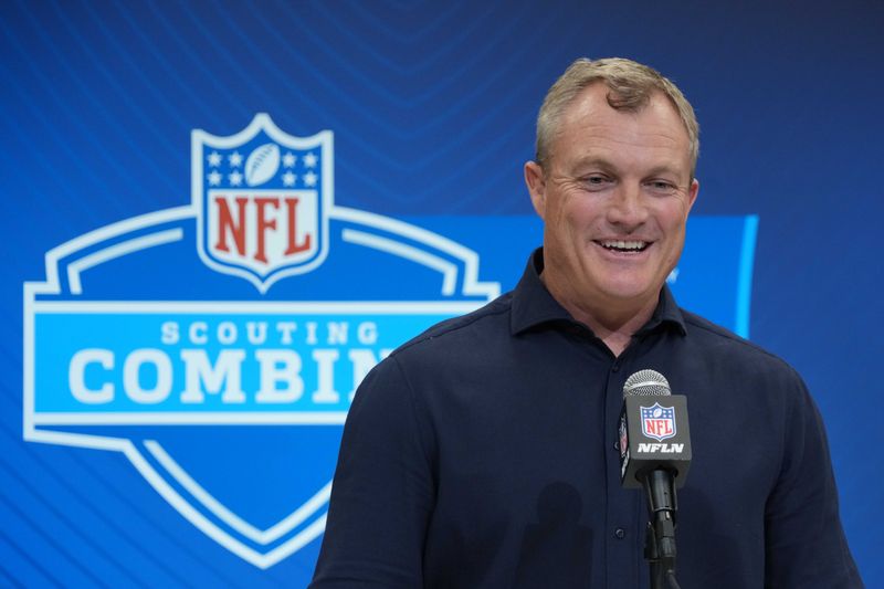 Feb 27, 2025; Indianapolis, IN, USA; San Francisco 49ers general manager John Lynch speaks during the 2025 NFL Scouting Combine at the Indiana Convention Center. Mandatory Credit: Kirby Lee-Imagn Images