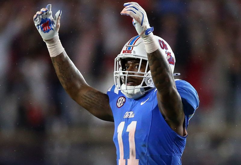 Nov 9, 2024; Oxford, Mississippi, USA; Mississippi Rebels linebacker Chris Paul Jr. (11) reacts at the end of the third quarter against the Georgia Bulldogs at Vaught-Hemingway Stadium. Mandatory Credit: Petre Thomas-Imagn Images
