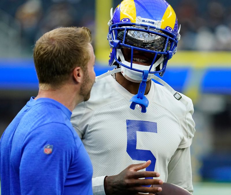 Jun 10, 2021; Los Angeles, CA, USA; Los Angeles Rams cornerback Jalen Ramsey (5) talks to head coach Sean McVay during and offseason workout at SoFi Stadium. Mandatory Credit: Robert Hanashiro-USA TODAY Sports