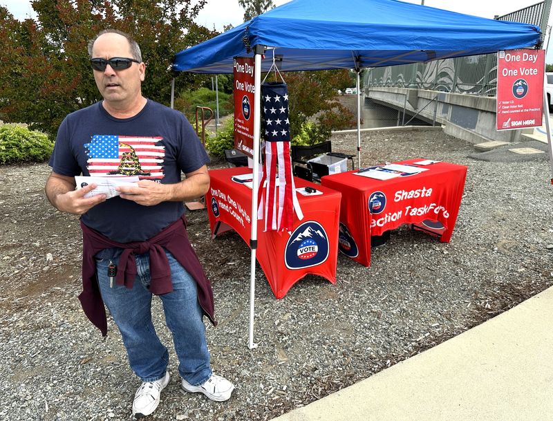 Richard Gallardo, chairman of Save Shasta Elections, looks for voters to sign the group's petition outside the Kool April Nites' Big Show at the Redding Civic Auditorium on Saturday, April 26, 2025. The group's website says the proposed ballot measure seeks "single-day, in-person voting with limited absentee ballots, hand-counted ballots by citizen volunteers at the precinct level, voter ID verification, offline local voter rolls, and election results tallied and published on election night."