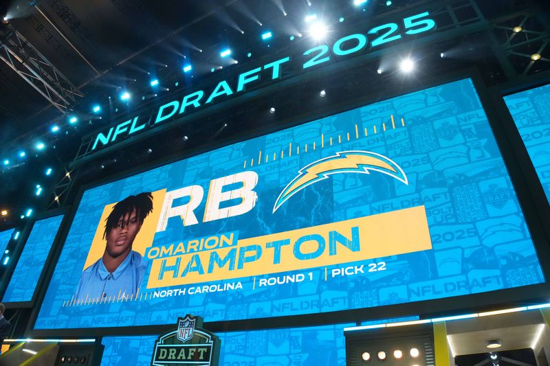 Apr 24, 2025; Green Bay, WI, USA; North Carolina Tar Heels running back Omarion Hampton is selected as the No. 22 pick by the Los Angeles Chargers during the NFL Draft at Lambeau Field. Mandatory Credit: Kirby Lee-Imagn Images