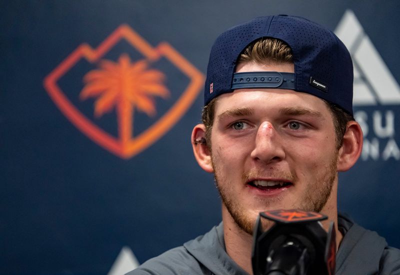 Coachella Valley forward Jacob Melanson talks about his game-winning goal during a media conference after Game 2 of the Pacific Division semifinals at Acrisure Arena in Palm Desert, Calif., Saturday, May 3, 2025.