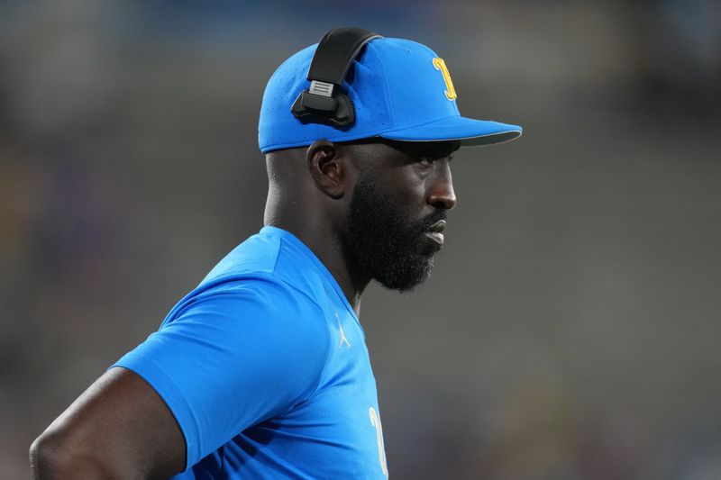 Sep 14, 2024; Pasadena, California, USA; UCLA Bruins head coach DeShaun Foster watches from the sidelines in the second half against the Indiana Hoosiers at Rose Bowl. Mandatory Credit: Kirby Lee-Imagn Images