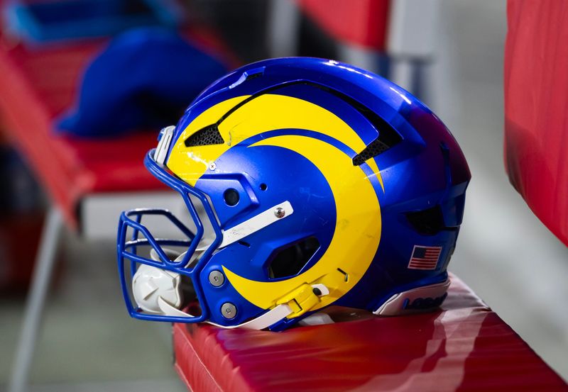 Jan 13, 2025; Glendale, AZ, USA; Detailed view of a Los Angeles Rams helmet during an NFC wild card game at State Farm Stadium. Mandatory Credit: Mark J. Rebilas-Imagn Images