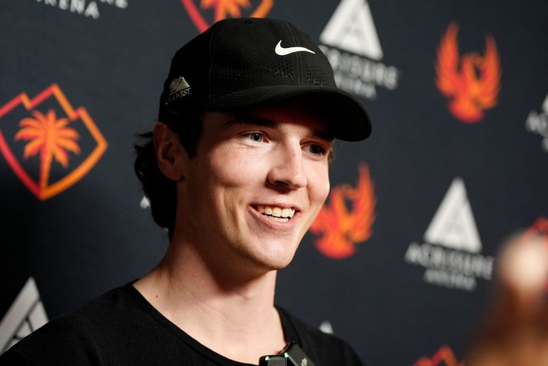 Firebirds defenseman Cale Fleury speaks to the media at Acrisure Arena in Palm Desert, Calif., on Monday, May 12, 2025.