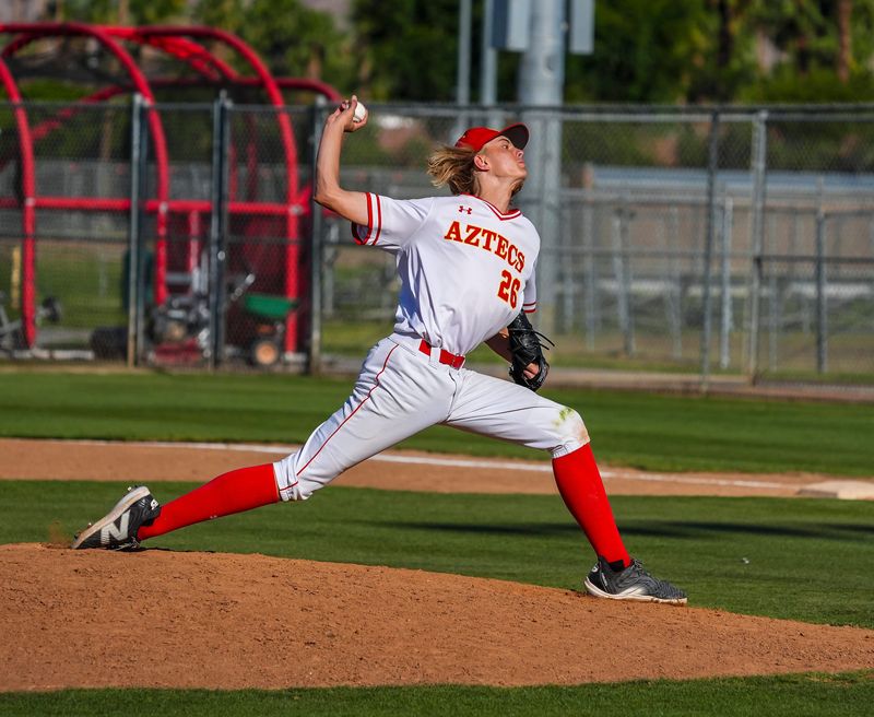 Palm Desert's Jake Brande delivers a pitch during their CIF-SS Division 2 opening-round playoff game in Palm Desert, Calif., Friday, May 16, 2025.