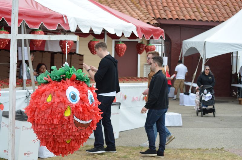 A strawberry decoration welcomes festival goers in front of a booth selling bulk fresh strawberries at the 39th Annual California Strawberry Festival at the Ventura County Fairgrounds May 17, 2025.