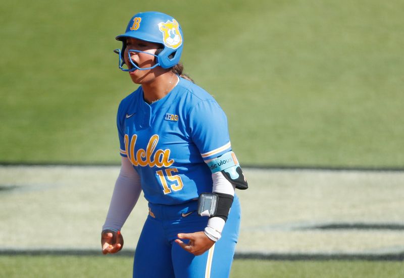 UCLA Bruins infielder Jordan Woolery (15) celebrates after getting on base Friday, May 9, 2025, during the Big Ten softball tournament game against the Nebraska Cornhuskers at Purdue Universityâ€™s Bittinger Stadium in West Lafayette, Indiana.