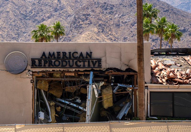 The front of the American Reproductive Centers clinic is seen days after its targeted bombing in Palm Springs, Calif., Tuesday, May 20, 2025.