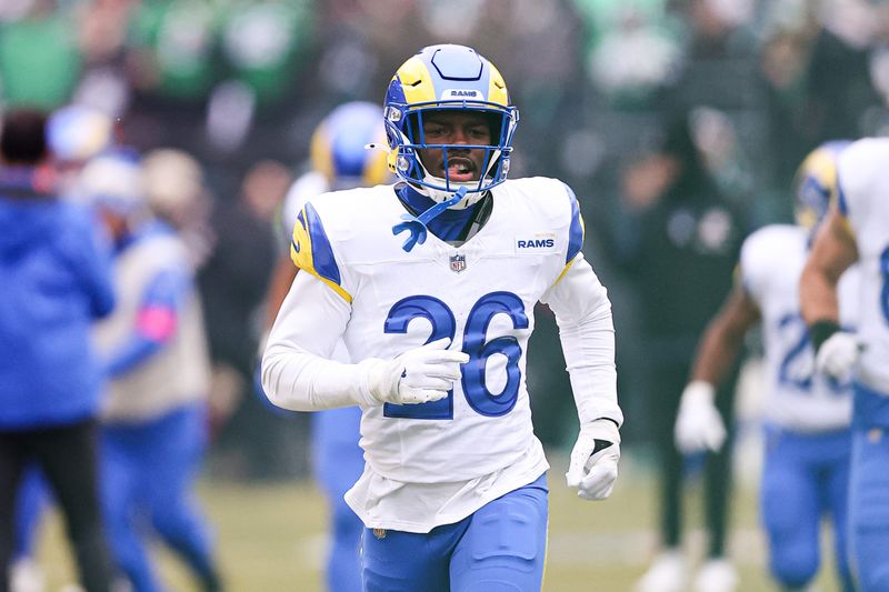 Jan 19, 2025; Philadelphia, Pennsylvania, USA; Los Angeles Rams safety Kamren Kinchens (26) before action against the Philadelphia Eagles in a 2025 NFC divisional round game at Lincoln Financial Field. Mandatory Credit: Bill Streicher-Imagn Images