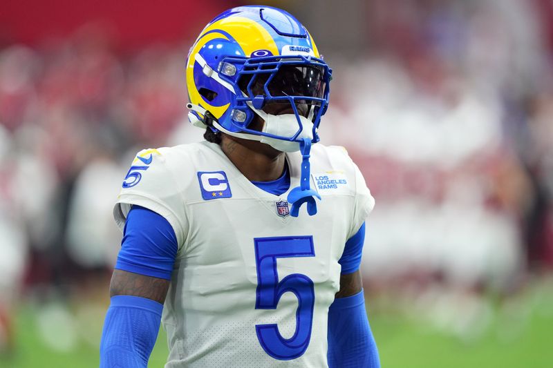 Sep 25, 2022; Glendale, Arizona, USA; Los Angeles Rams cornerback Jalen Ramsey (5) warms up prior to facing the Arizona Cardinals at State Farm Stadium. Mandatory Credit: Joe Camporeale-USA TODAY Sports
