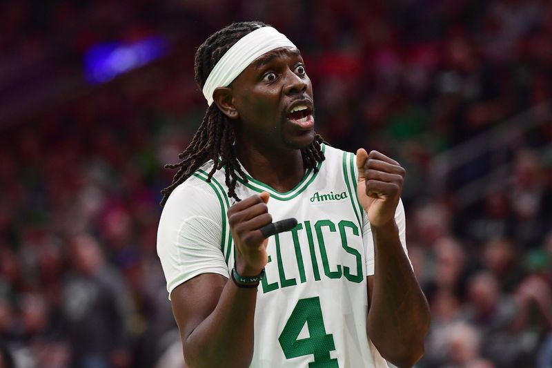 Apr 20, 2025; Boston, Massachusetts, USA; Boston Celtics guard Jrue Holiday (4) reacts after a play during the second against the Orlando Magic at TD Garden. Mandatory Credit: Bob DeChiara-Imagn Images
