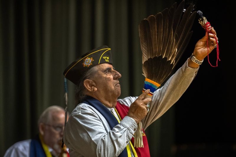 Vietnam Veteran Joe Maes performs a Native American blessing at the VFW Luneta Post 52 Memorial Day observance at the Stockton Memorial Civic Auditorium in downtown Stockton on May 26, 2025.