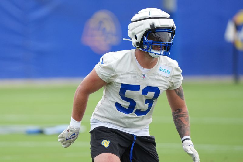 May 28, 2025; Woodland Hills, CA, USA; Los Angeles Rams linebacker Nate Landman (53) participates in defensive drills during organized team activities at Rams Practice Facility. Mandatory Credit: Kirby Lee-Imagn Images