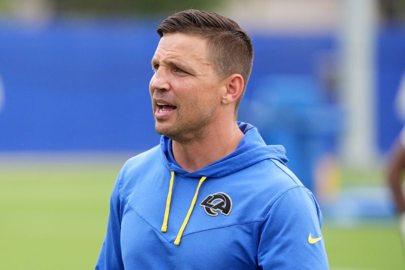 May 28, 2025; Woodland Hills, CA, USA; Los Angeles Rams defensive coordinator Chris Shula during organized team activities at Rams Practice Facility. Mandatory Credit: Kirby Lee-Imagn Images