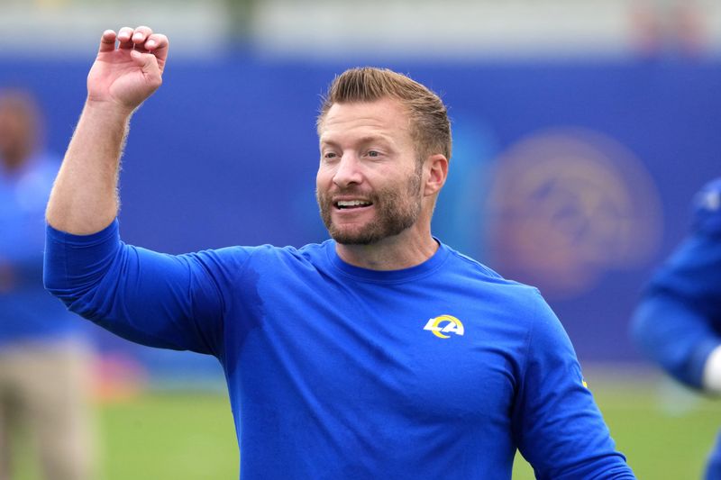May 28, 2025; Woodland Hills, CA, USA; Los Angeles Rams coach Sean McVay gestures during organized team activities at Rams Practice Facility. Mandatory Credit: Kirby Lee-Imagn Images