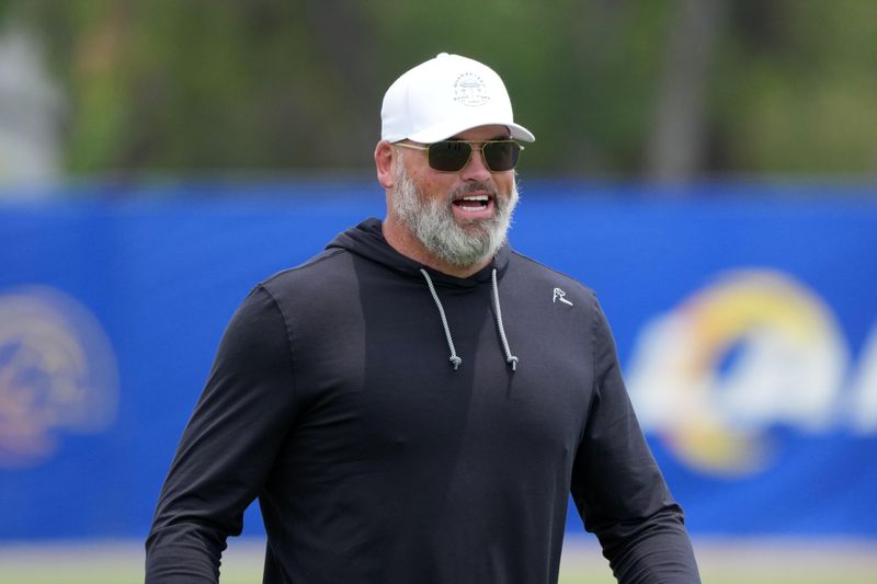 Jun 3, 2025; Woodland Hills, CA, USA; Andrew Whitworth attends Los Angeles Rams organized team activities at Rams Practice Facility. Mandatory Credit: Kirby Lee-Imagn Images