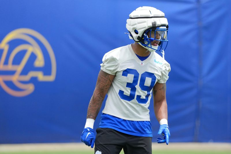 Jun 3, 2025; Woodland Hills, CA, USA; Los Angeles Rams safety Malik Dixon-Williams (39) during organized team activities at Rams Practice Facility. Mandatory Credit: Kirby Lee-Imagn Images