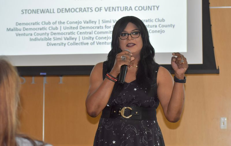 Celia Sandhya Daniels, a transgender Thousand Oaks resident, speaks at an LGBTQ+ town hall at California Lutheran University on June 5, 2025.