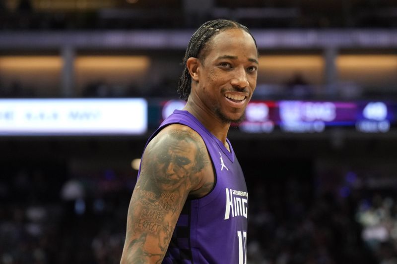 Apr 11, 2025; Sacramento, California, USA; Sacramento Kings forward DeMar DeRozan (10) during the third quarter against the Los Angeles Clippers at Golden 1 Center. Mandatory Credit: Darren Yamashita-Imagn Images
