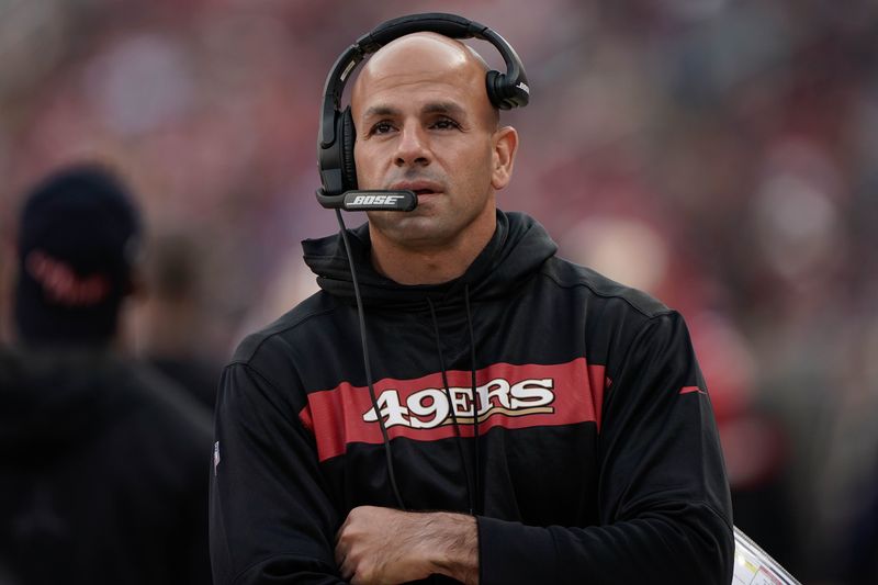 Dec 9, 2018; Santa Clara, CA, USA; San Francisco 49ers defensive coordinator Robert Saleh looks on during the third quarter against the Denver Broncos at Levi's Stadium. Mandatory Credit: Stan Szeto-USA TODAY Sports