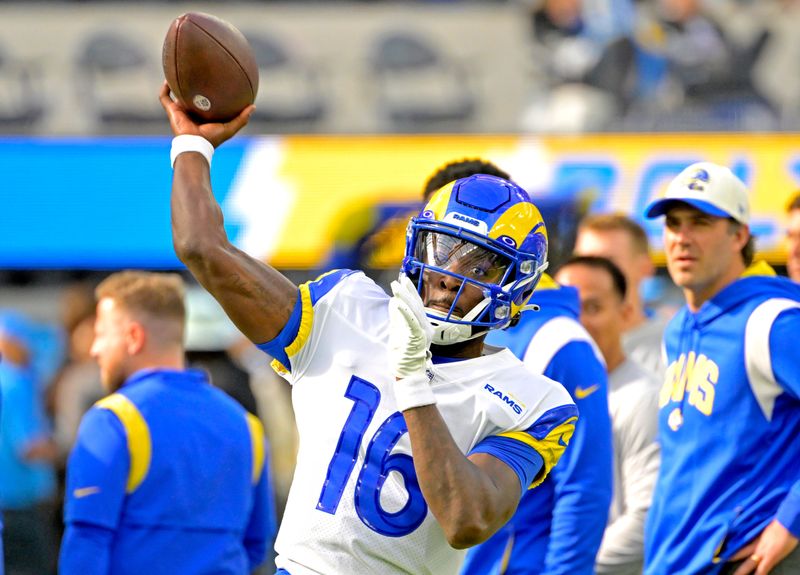 Jan 1, 2023; Inglewood, California, USA; Los Angeles Rams quarterback Bryce Perkins (16) warms up prior to the game against the Los Angeles Chargers at SoFi Stadium. Mandatory Credit: Jayne Kamin-Oncea-USA TODAY Sports