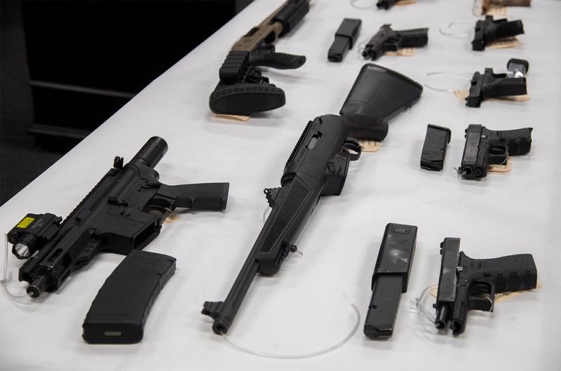 Some of the many guns confiscated in Stockton Police Department’s Operation “White Noise” on display at a news conference at the SPD in downtown Stockton on Jun. 13 2025.