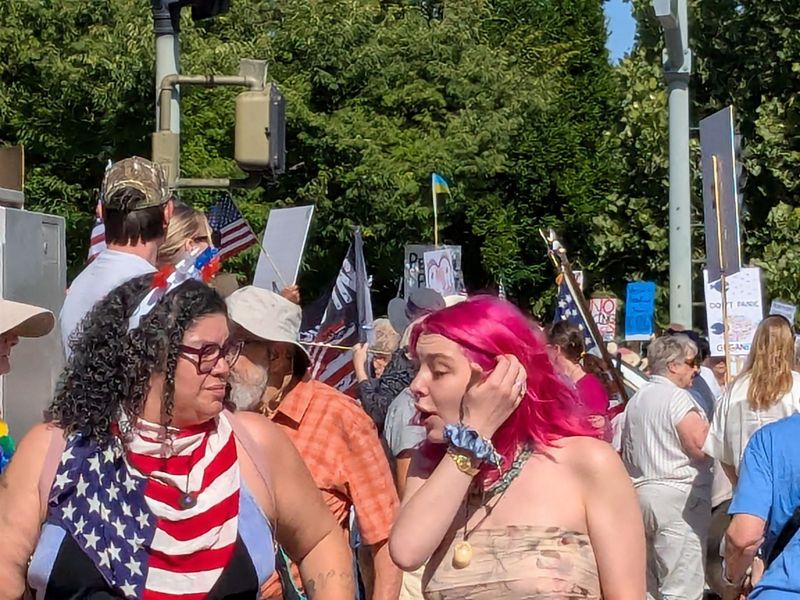 Protesters showed up in large numbers at an anti-Trump rally in Redding on Saturday, June 14, 2025, part of the nationwide No Kings protests to oppose aggressive anti-immigration policies and deportations and the recent use of military and law enforcement to suppress dissent.