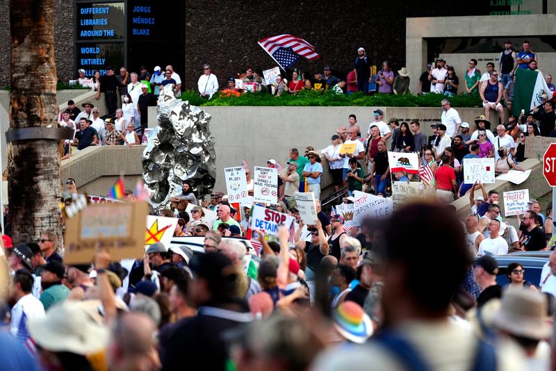 Thousands of protesters turned out for one of many nationwide No Kings rallies, in downtown Palm Springs, Calif., on Saturday, June 14, 2025.