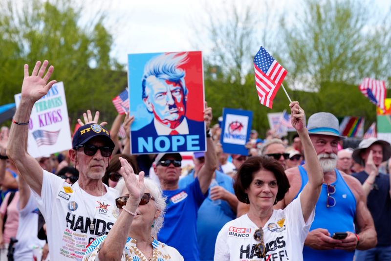 Thousands of protesters turned out for one of many nationwide No Kings rallies, in downtown Palm Springs, Calif., on Saturday, June 14, 2025.